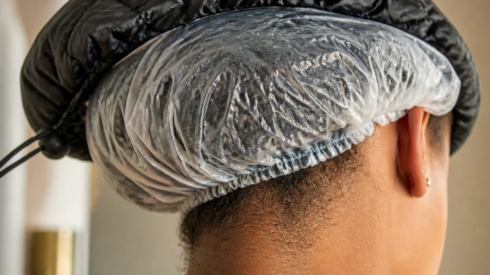 Plastic conditioning cap over deep conditioner on Black natural hair with a heat cap on top