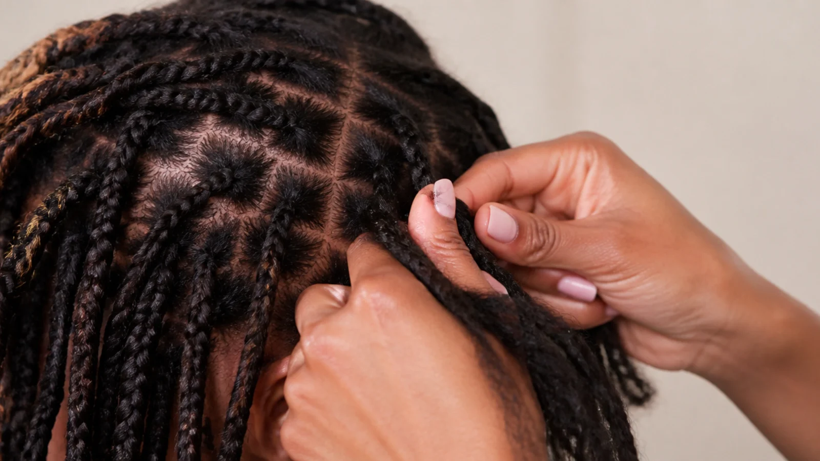 Knotless braids being taken down carefully at six weeks with visible new growth at the roots