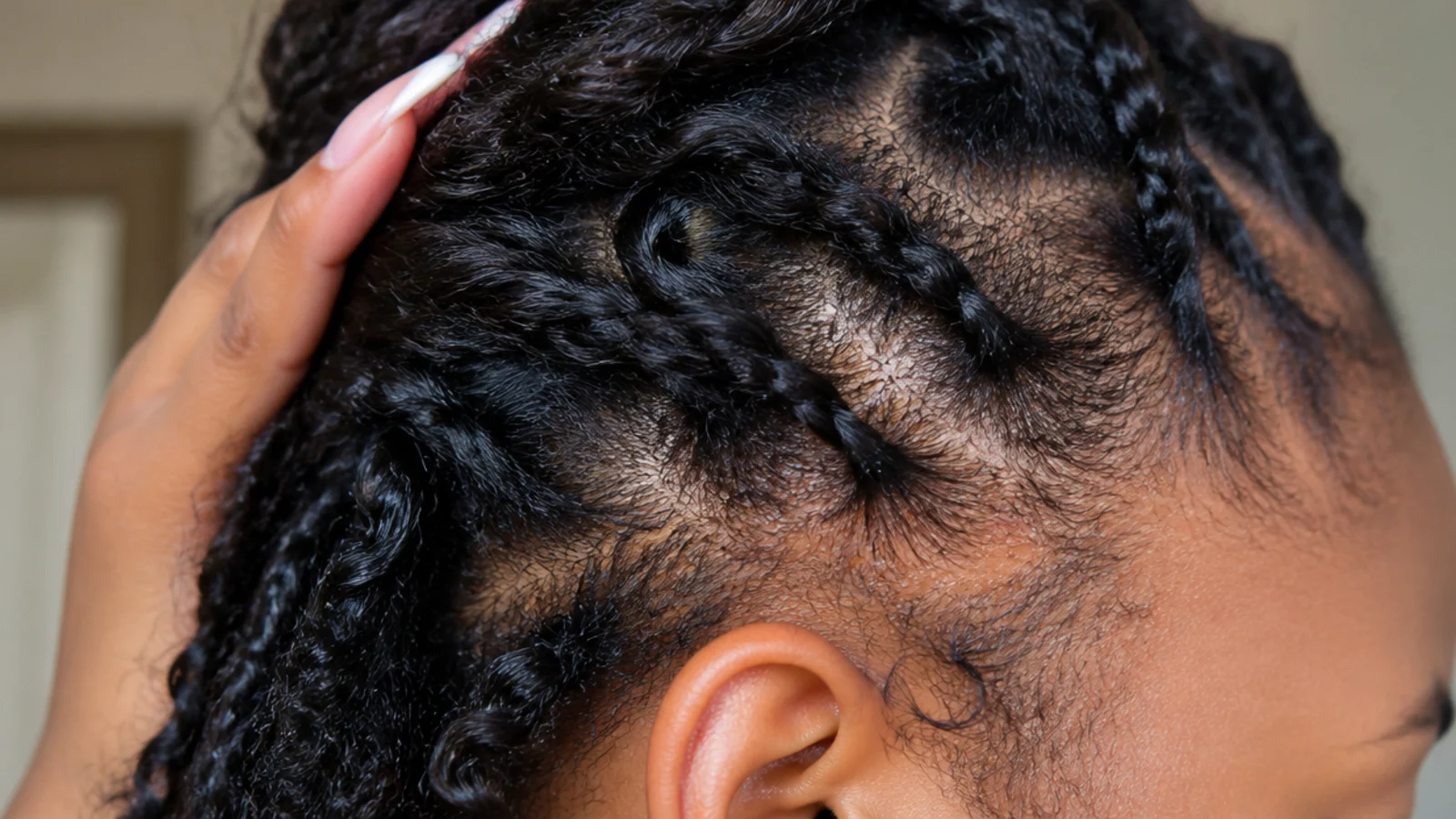 Hairline with small bumps and tension marks after tight braids showing early traction alopecia