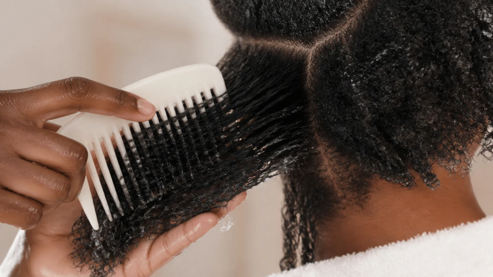 Wide tooth comb detangling a damp conditioned section of 4C hair from the ends upward