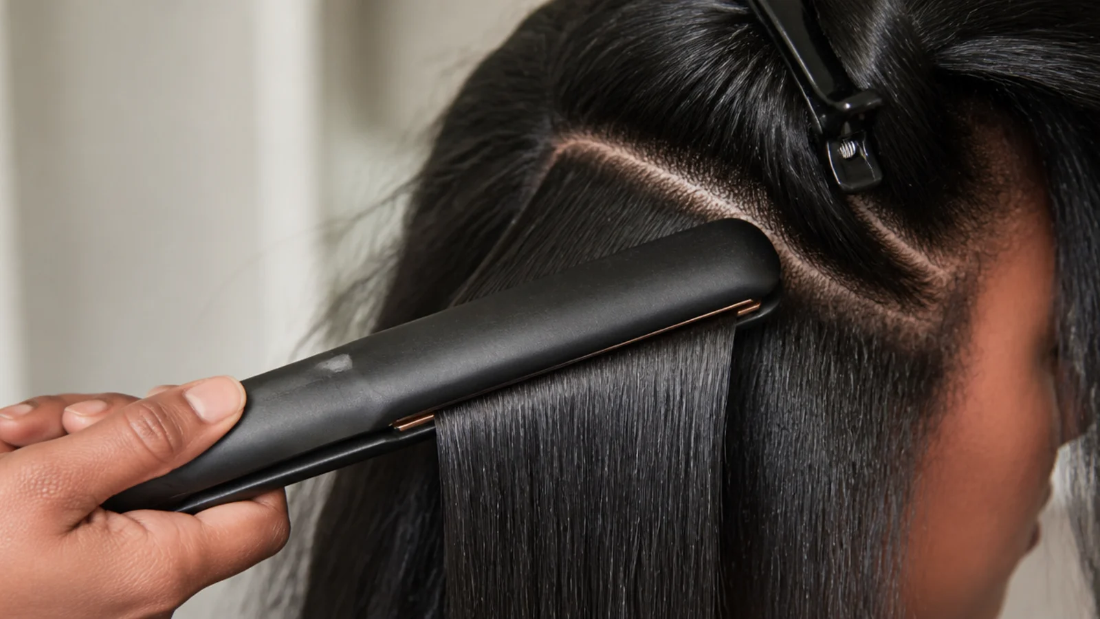 Flat iron set to 350 degrees passing once through a heat protected section of stretched Black hair