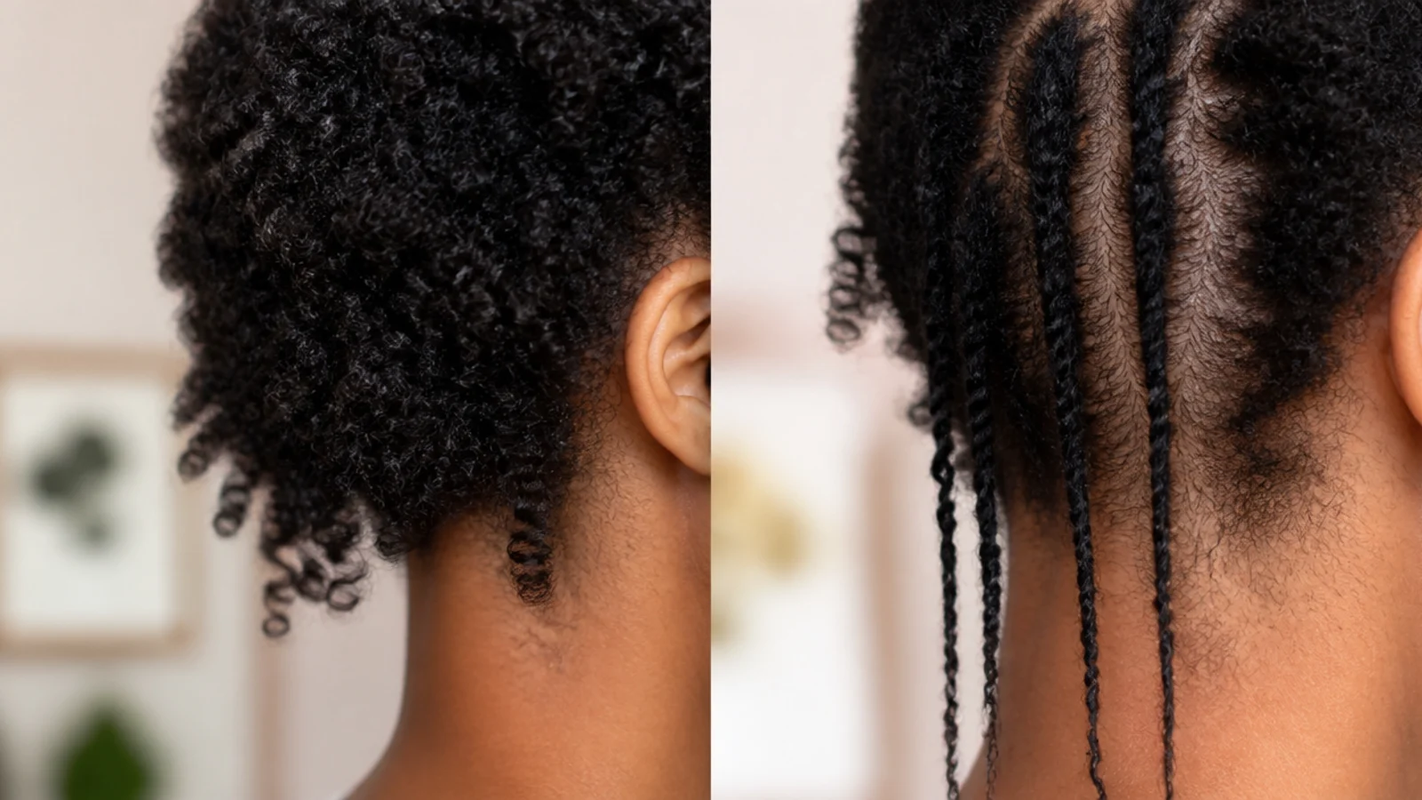 Same 4C hair shown shrunken and then stretched in two strand twists to compare real length