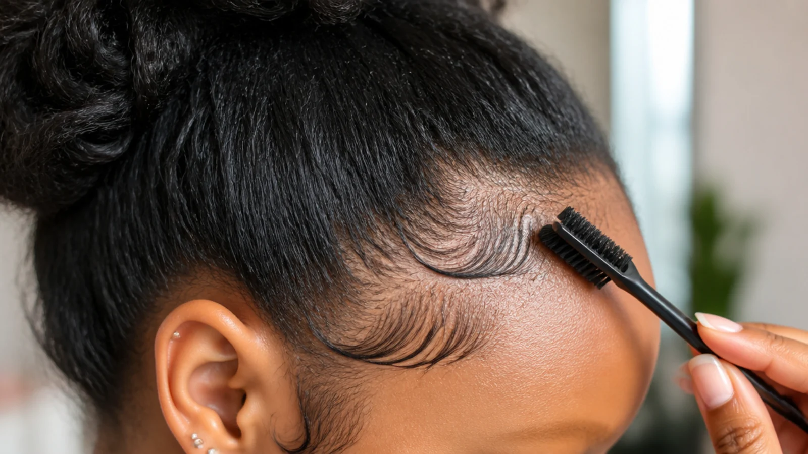 Soft edge control applied with a soft brush to baby hairs at a Black woman's hairline