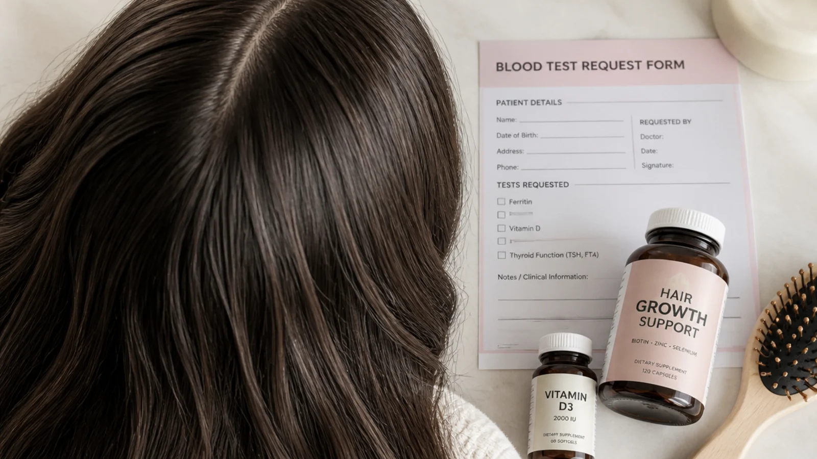 Blood test request form for ferritin vitamin D and thyroid beside hair growth supplement bottles