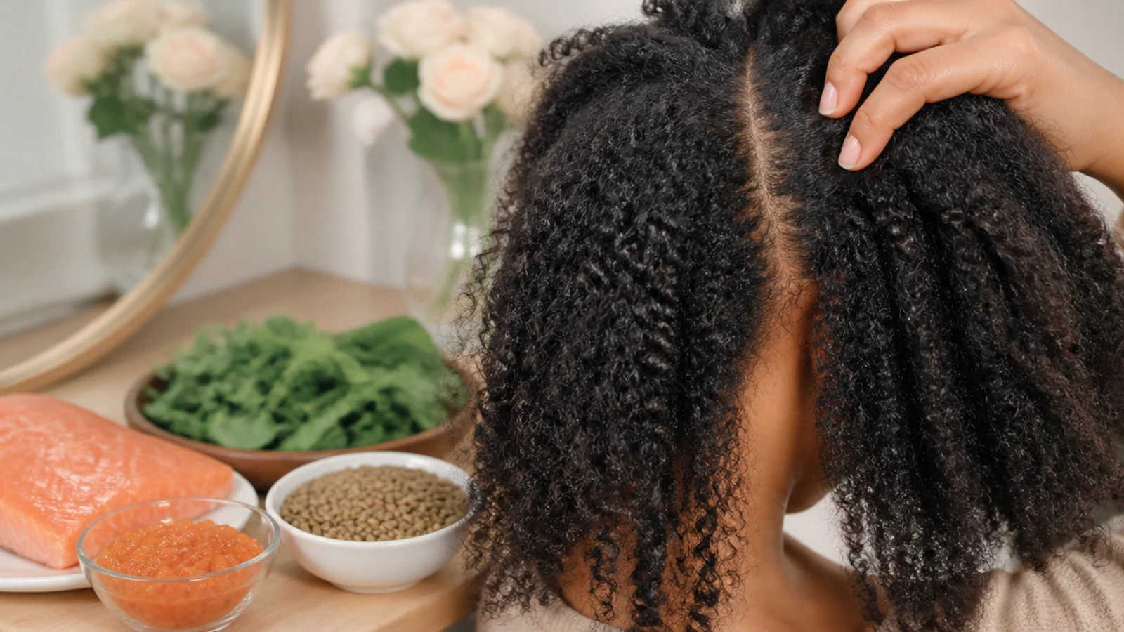 Meal of salmon eggs lentils and leafy greens supporting healthy hair growth for Black women