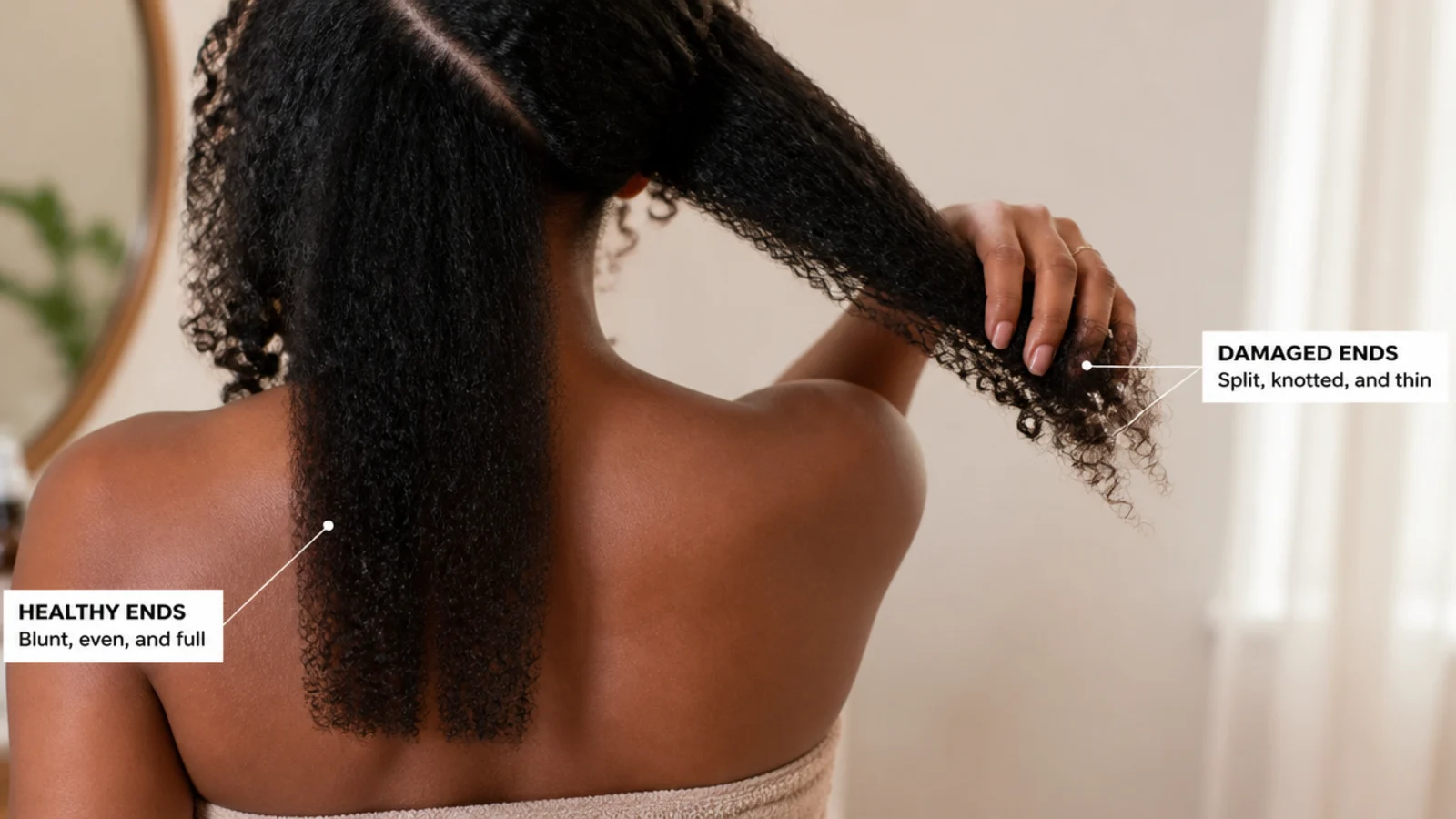 Close up of split and knotted ends on coily Black hair compared with healthy blunt trimmed ends