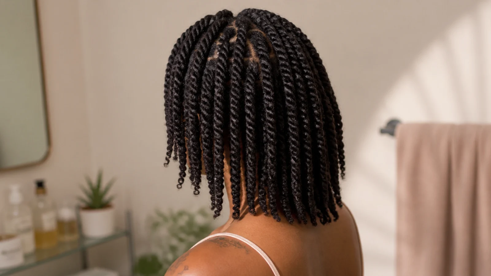 Black woman with shoulder length 4C natural hair stretched in two strand twists showing healthy blunt ends