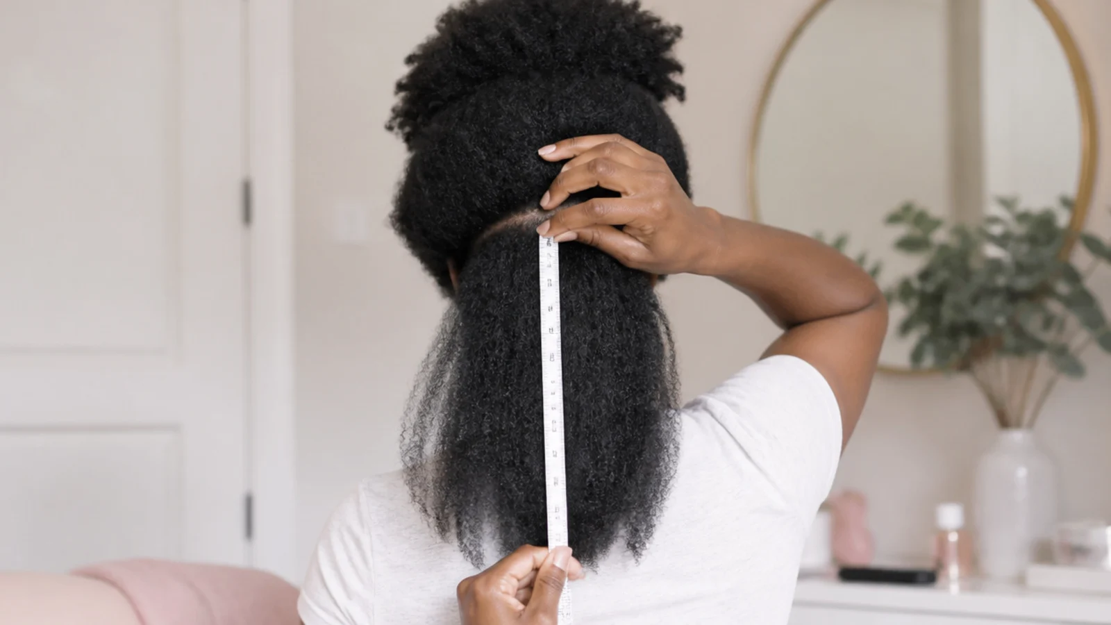 Tape measure held against stretched 4C natural hair to show real growth rate for Black women