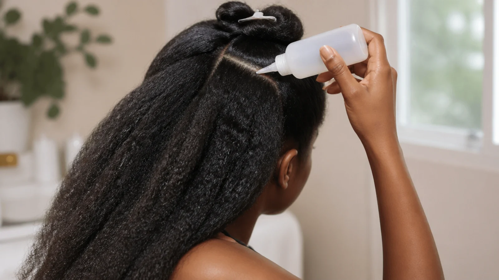 Applicator bottle parting sections of Black hair to cleanse the scalp on wash day