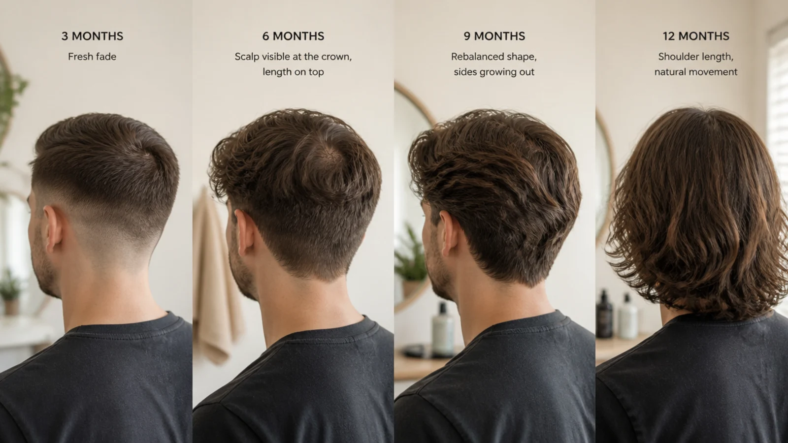 Four stage timeline of mens hair growing out from a fade to shoulder length over a year
