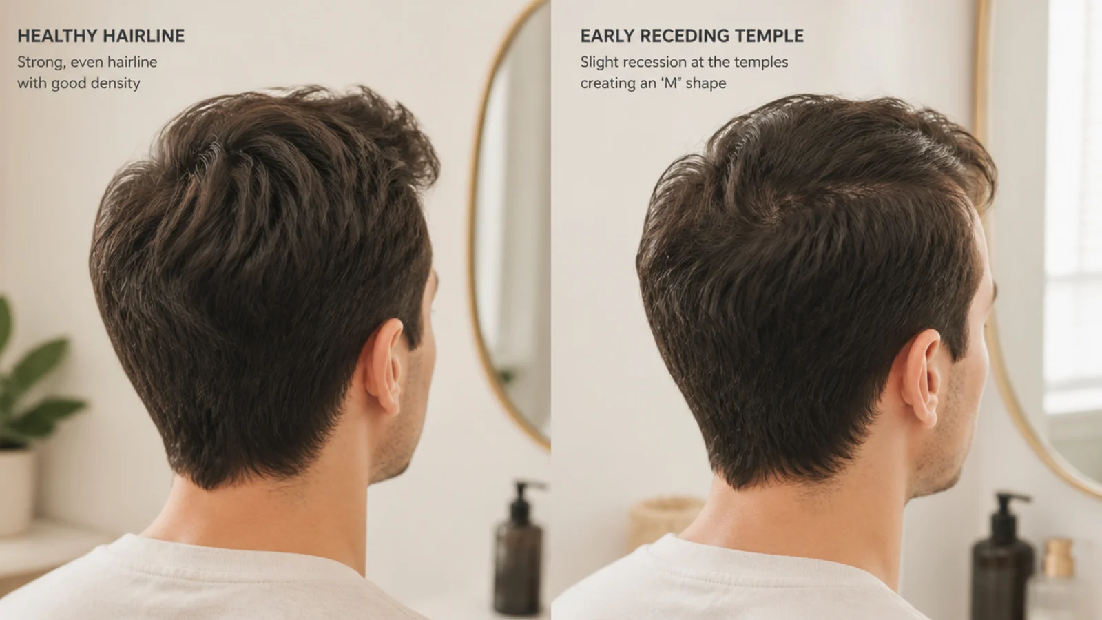 Side by side comparison of a healthy mens hairline and an early receding temple pattern
