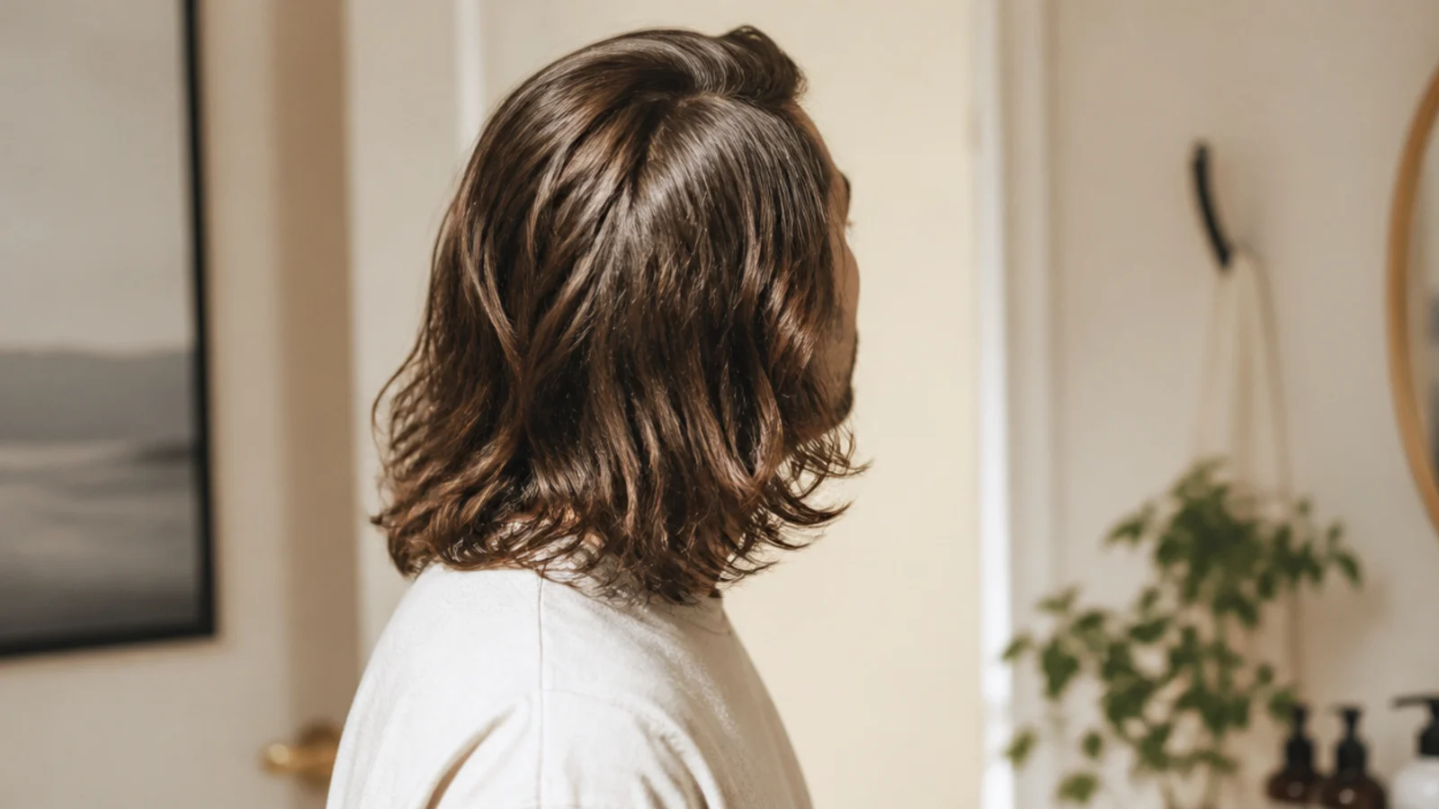 Man with shoulder length hair mid grow out showing healthy ends and a clean scalp
