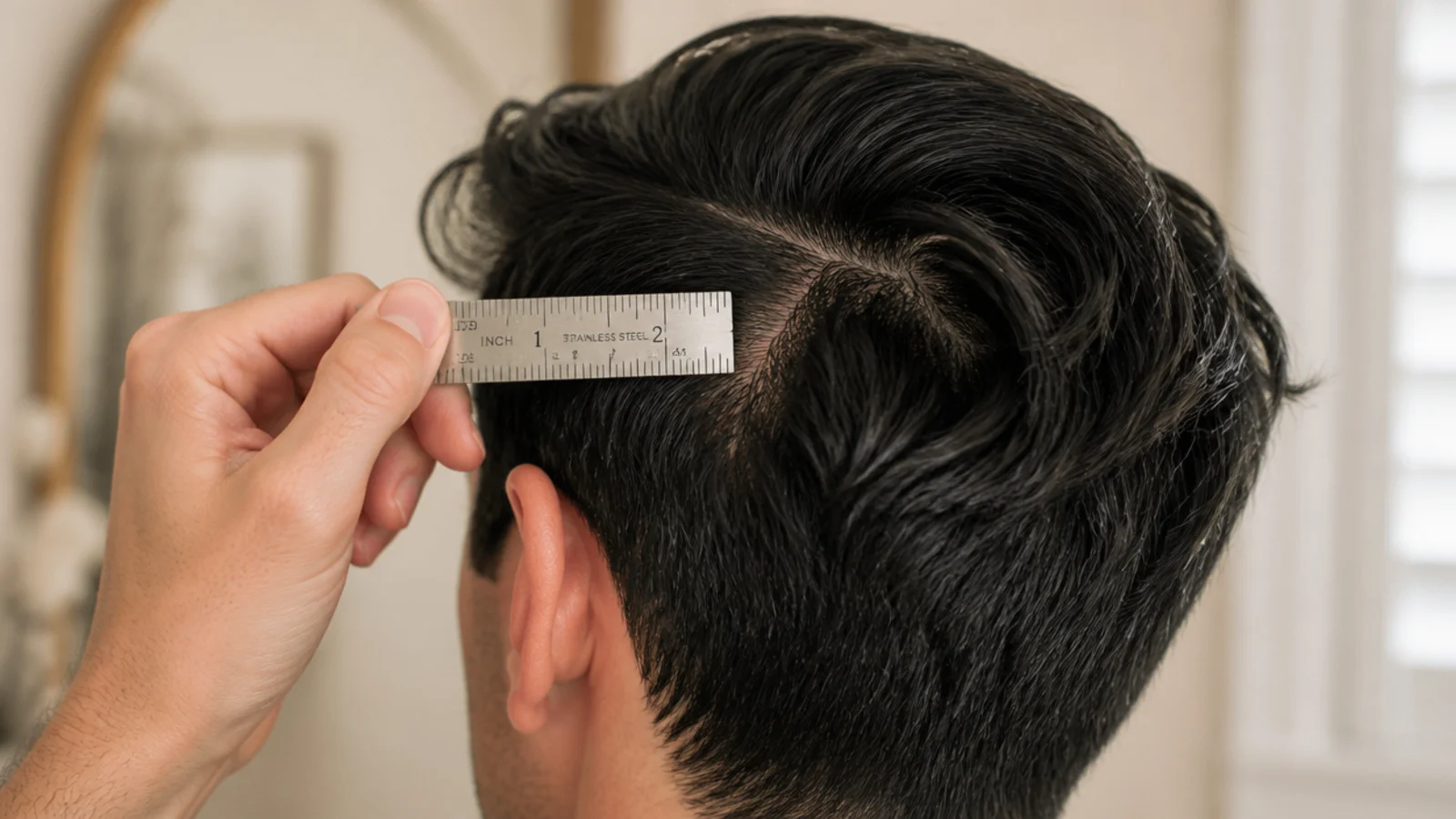 Ruler measuring half an inch of new growth at the roots of mens dark hair