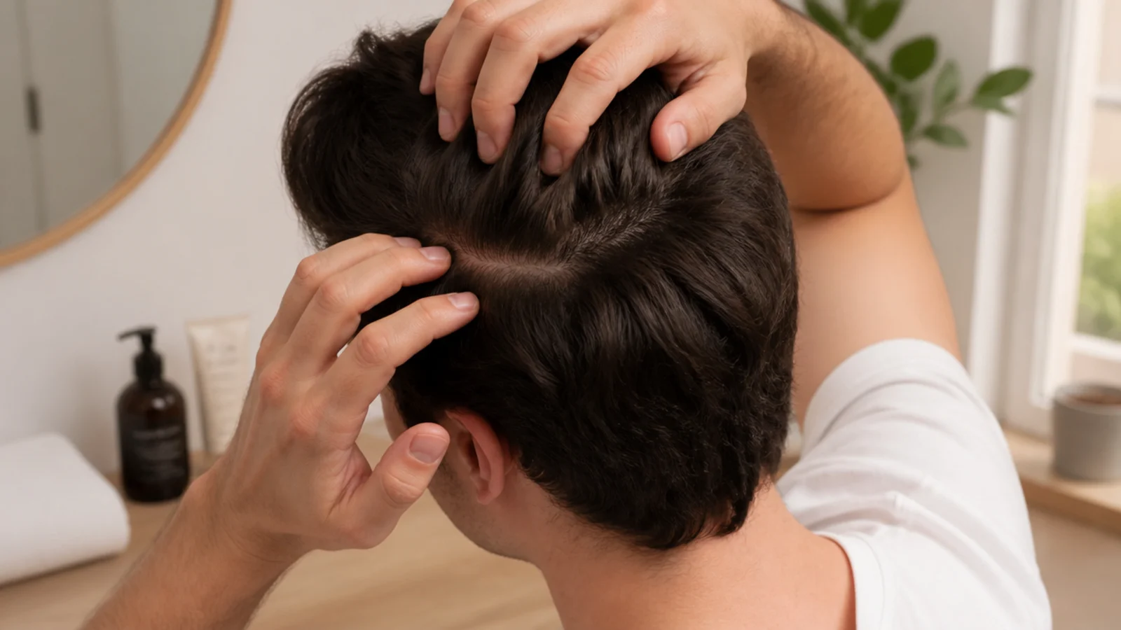 Parted mens hair showing a clean scalp after weekly exfoliation and buildup removal