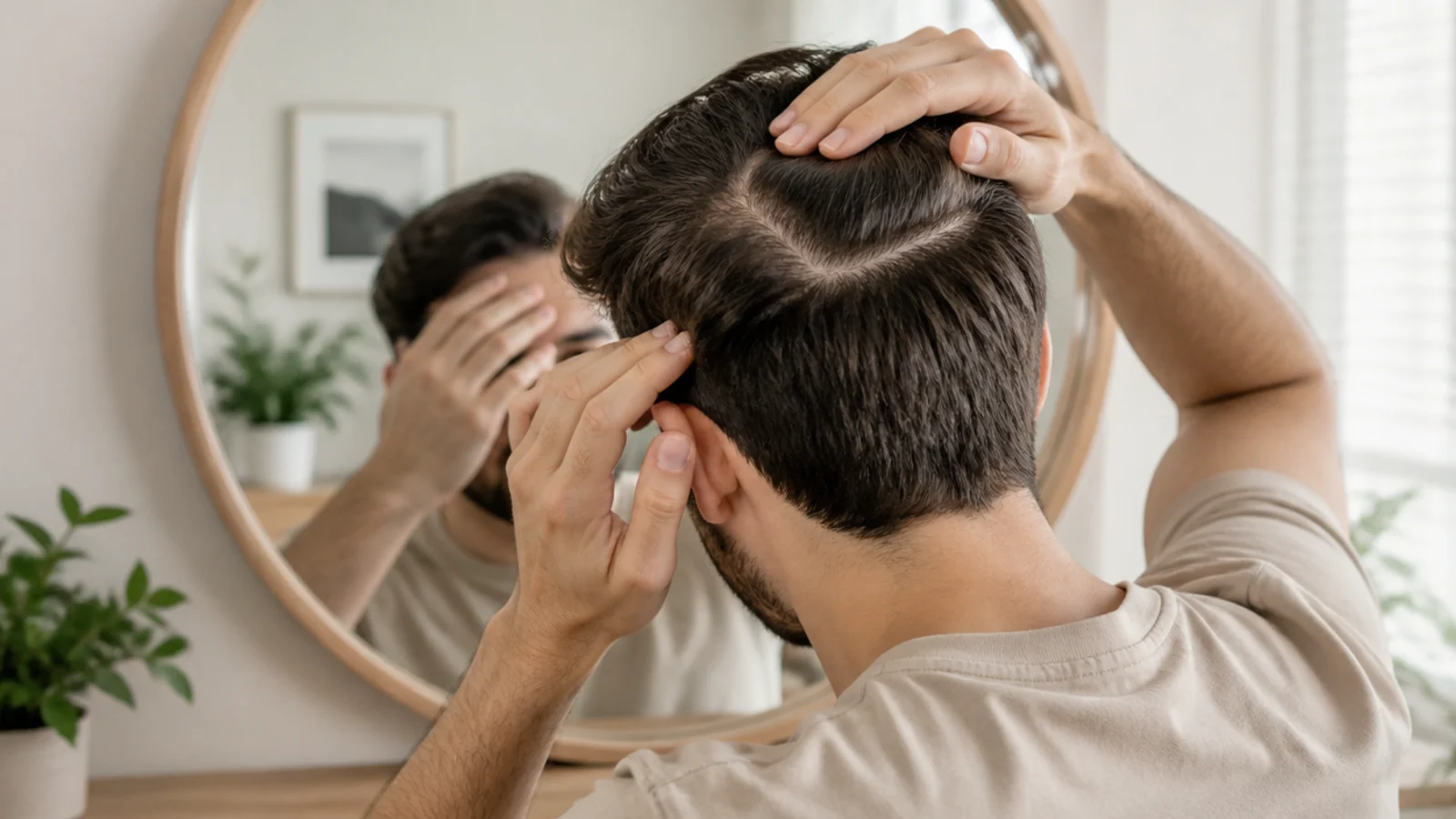 Man checking his hairline and part width in a mirror to triage growing out versus hair loss