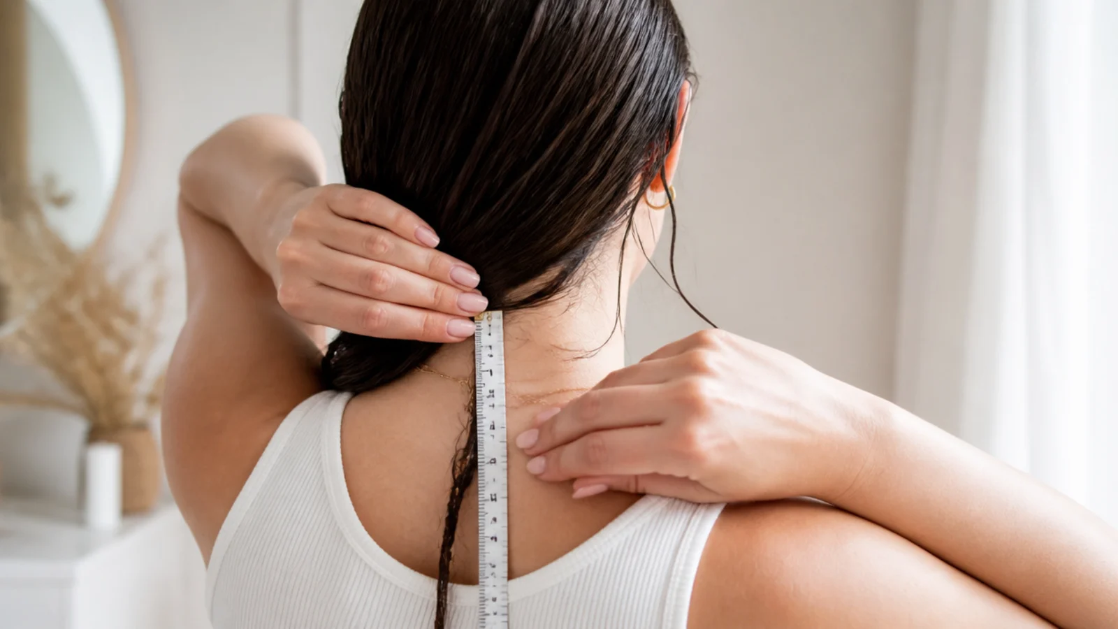 Measuring tape held against damp hair at the nape to record starting length for a grow out