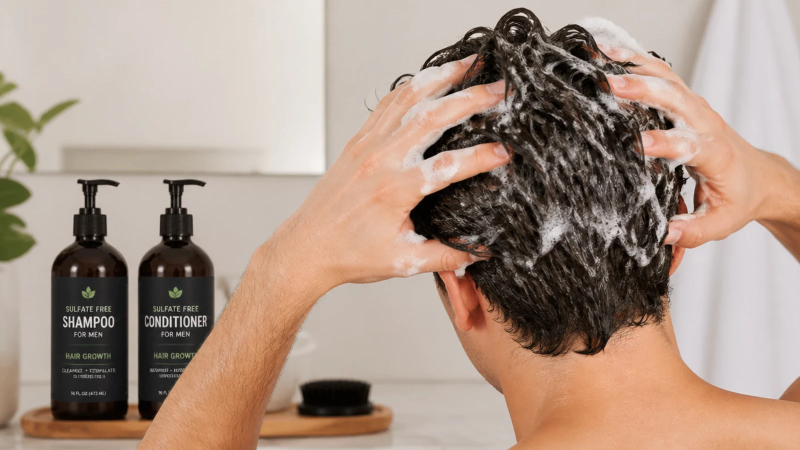 Sulfate free shampoo and conditioner bottles set up for a mens hair growth wash routine