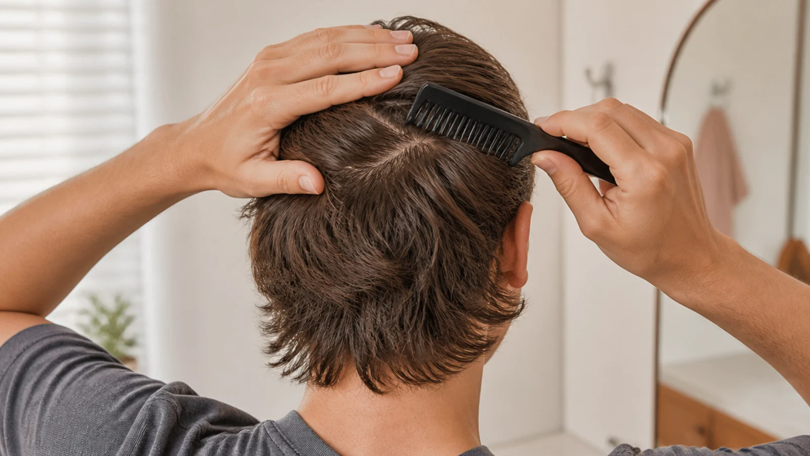 Man styling six month mid length hair pushed back with matte paste and a wide tooth comb