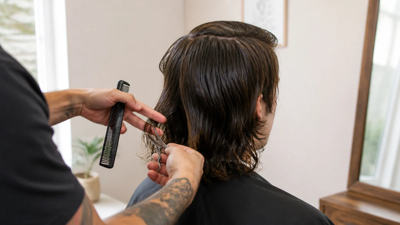 Barber cutting long layers into mens shoulder length hair at the twelve month grow out mark