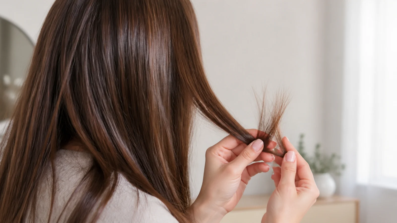 Close up of hair ends being checked for split ends during monthly hair growth tracking