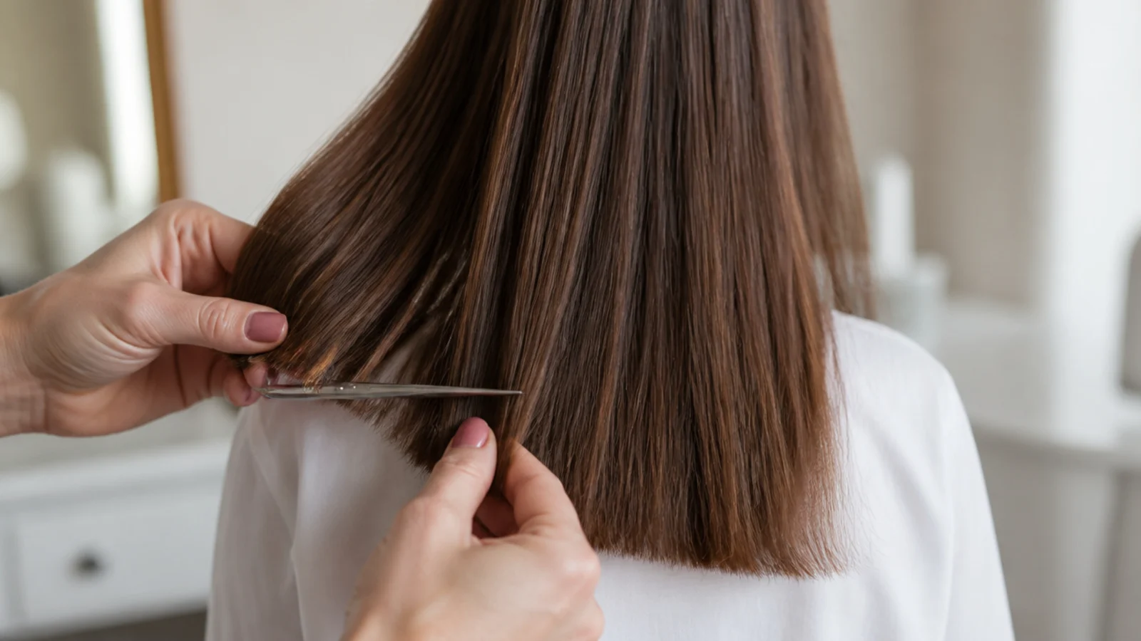 Hairdresser trimming a quarter inch off blunt ends of long brown hair with shears