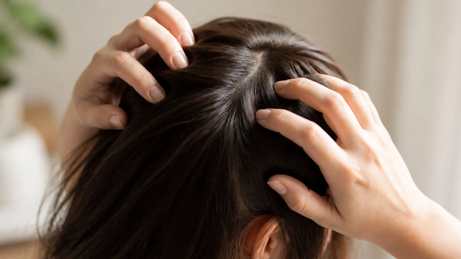 Fingertips massaging the scalp in small circles through dark parted hair