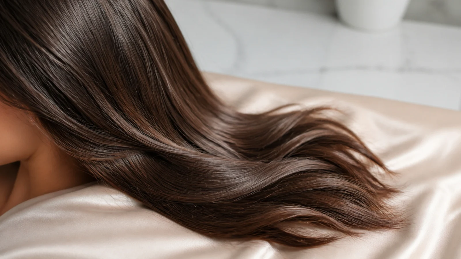 Wavy hair spread across a champagne satin pillowcase showing smooth undisturbed ends