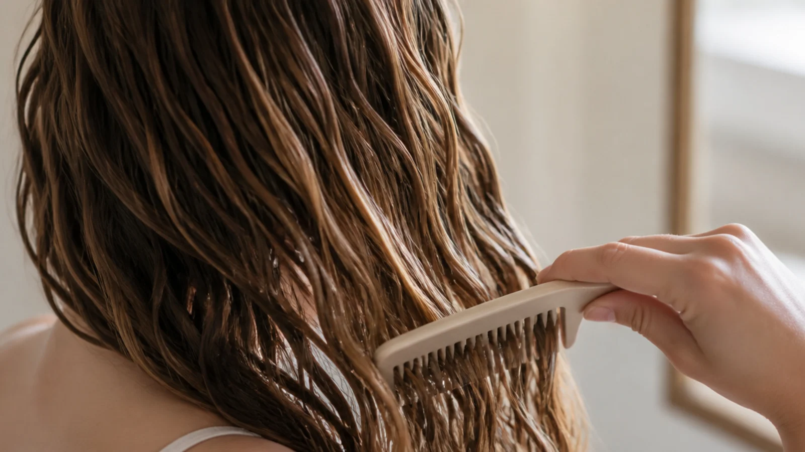 Wide-tooth comb detangling the bottom two inches of conditioned wavy hair