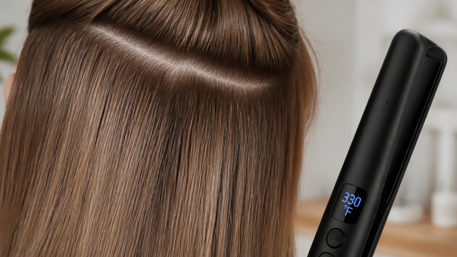 Flat iron with a digital temperature display set to 330 degrees beside sectioned hair