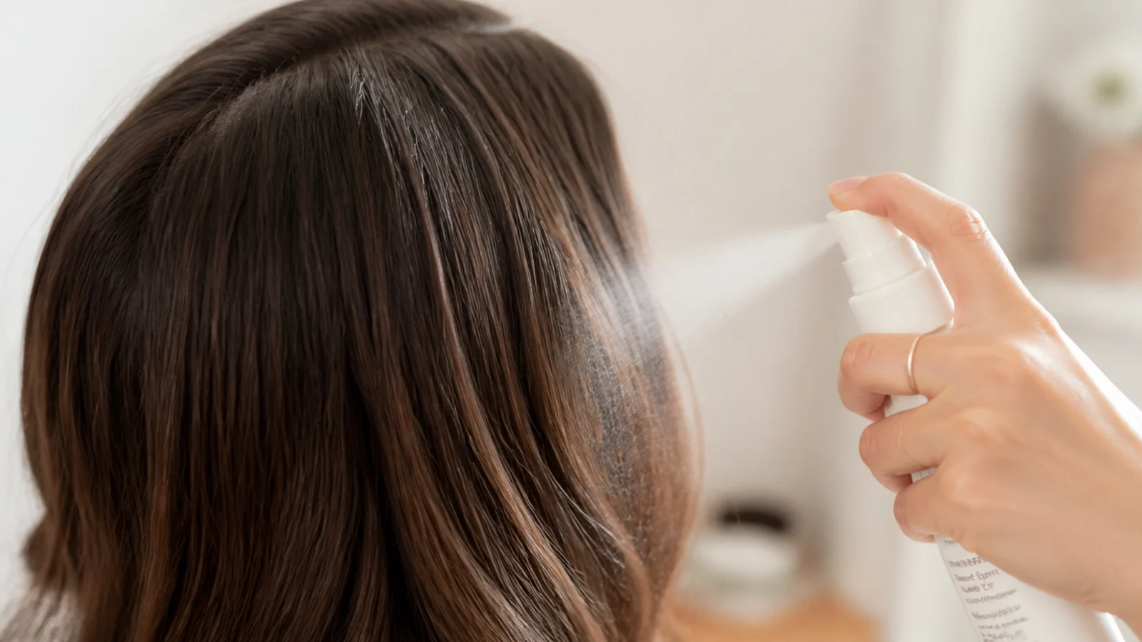 Heat protectant spray being misted through mid-lengths before blow drying