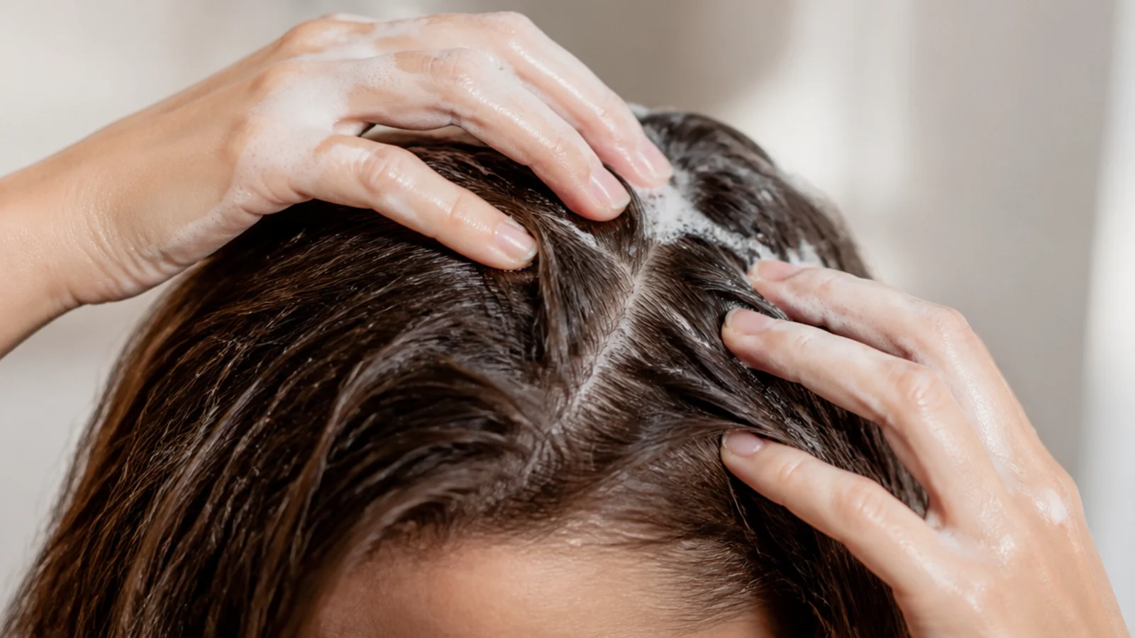 Clarifying shampoo being worked into the scalp at the part line with fingertips