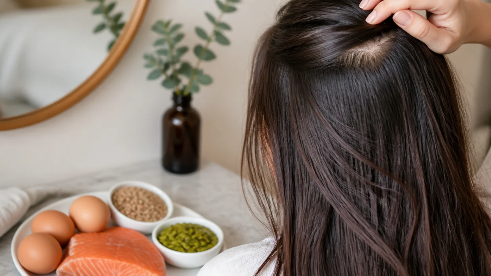 Plate of eggs, salmon, lentils and pumpkin seeds arranged as protein sources for hair