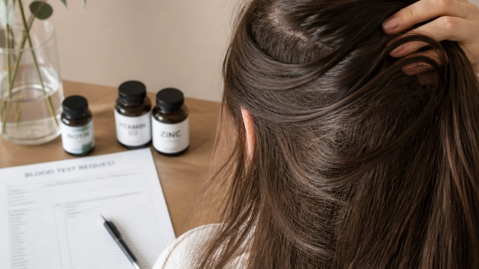 Blood test request form and vitamin bottles on a table representing hair loss bloodwork