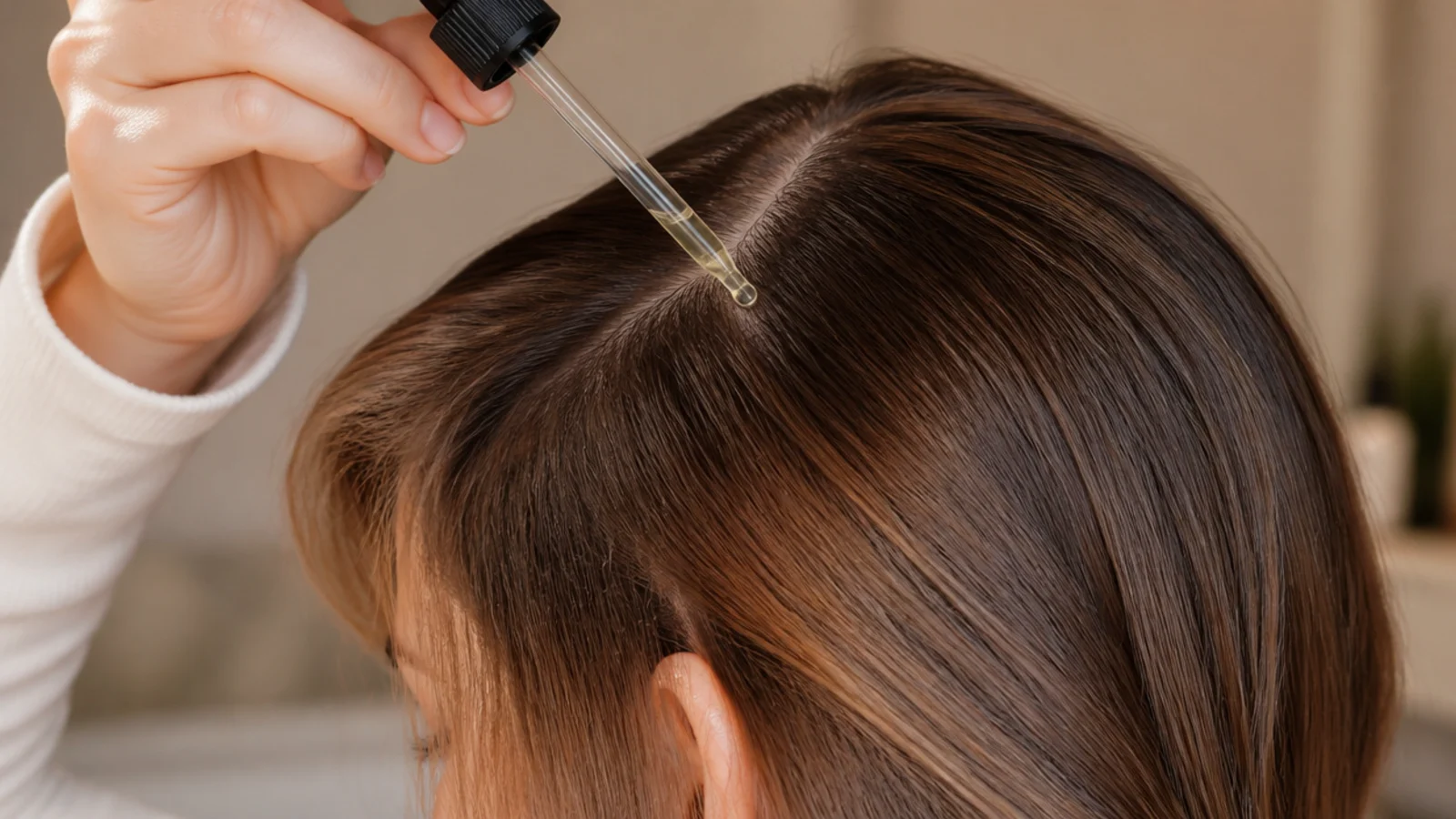 Dropper applying diluted rosemary oil along a scalp part line before massage
