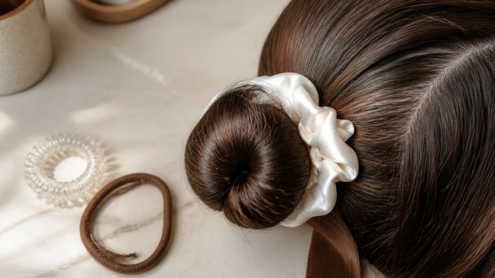 Silk scrunchie and clear spiral hair coil beside a frayed elastic band with hair caught in it