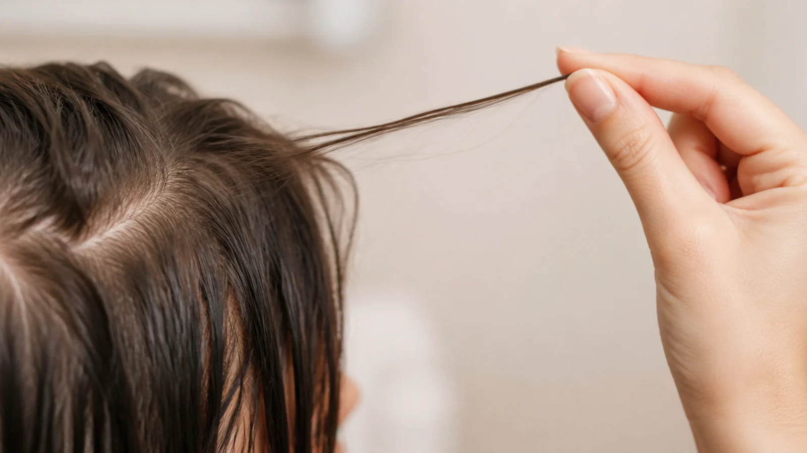 A single wet strand of hair being gently stretched between two fingers as an elasticity test