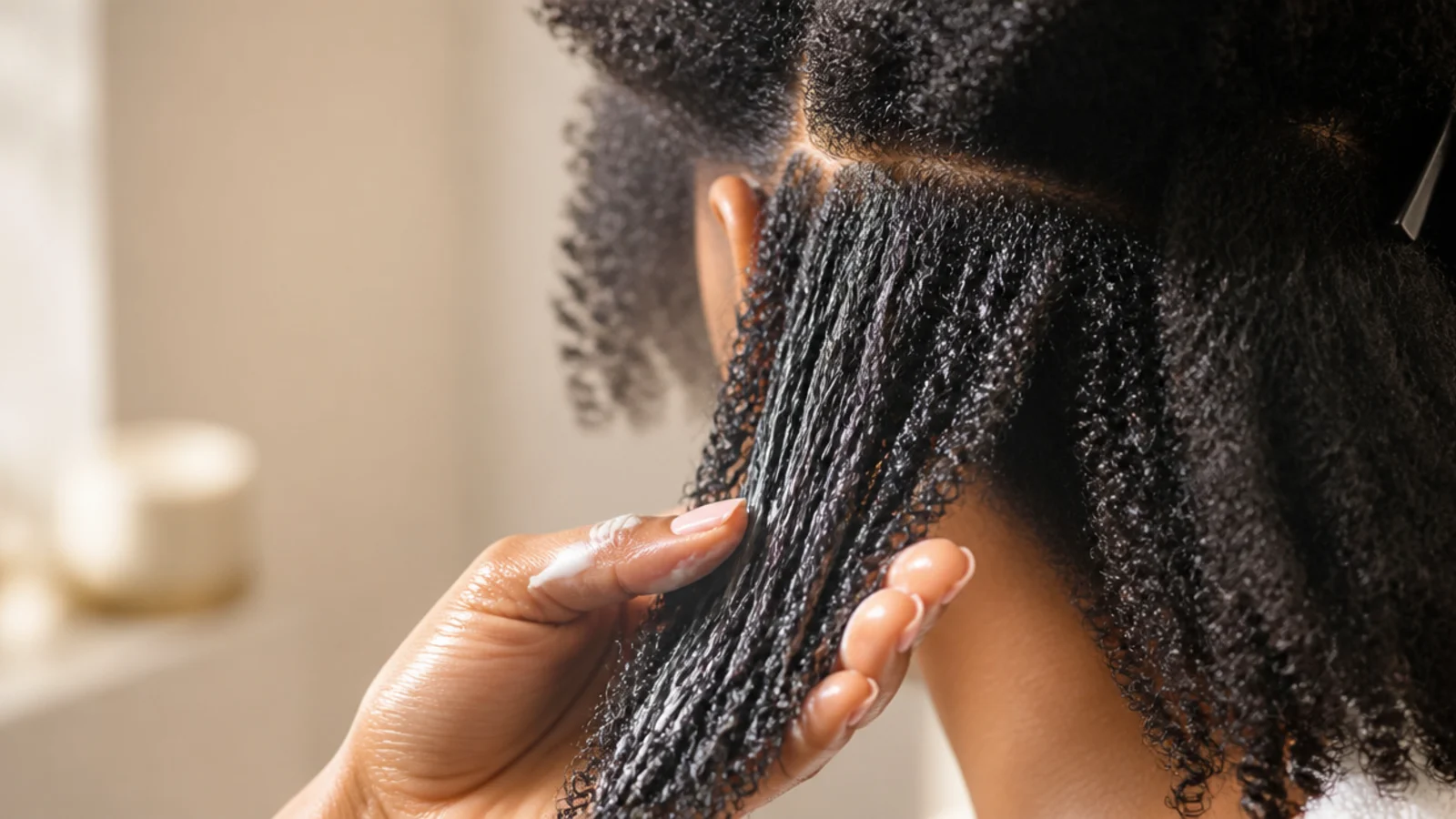 Leave-in cream and light oil being layered onto the ends of coily hair in sections