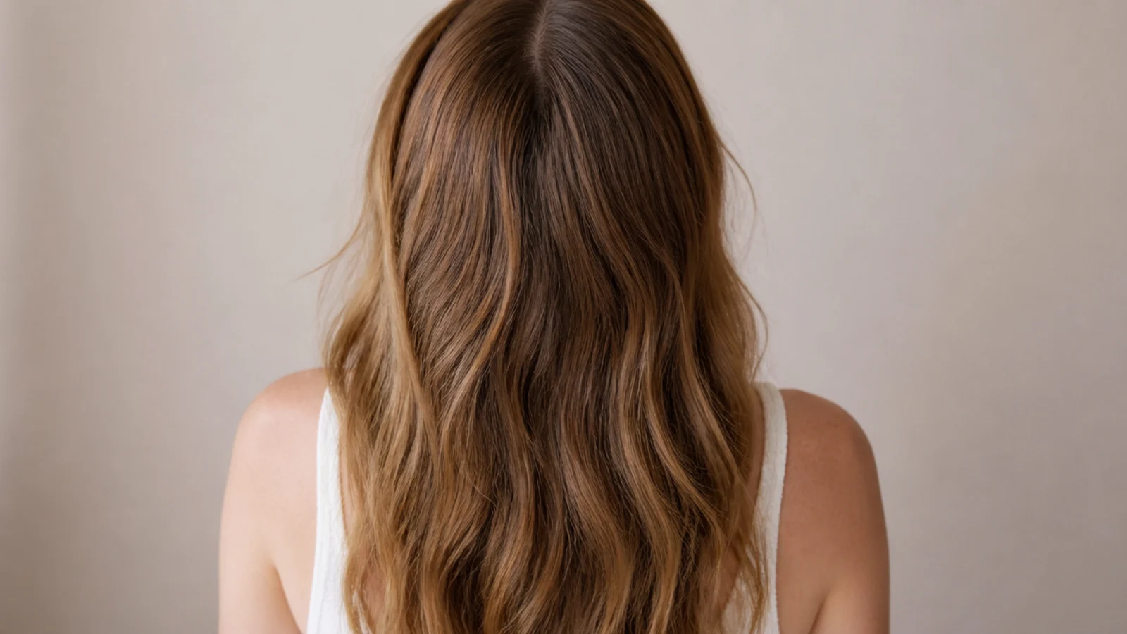 Monthly back view progress photos of hair length taken against the same plain wall