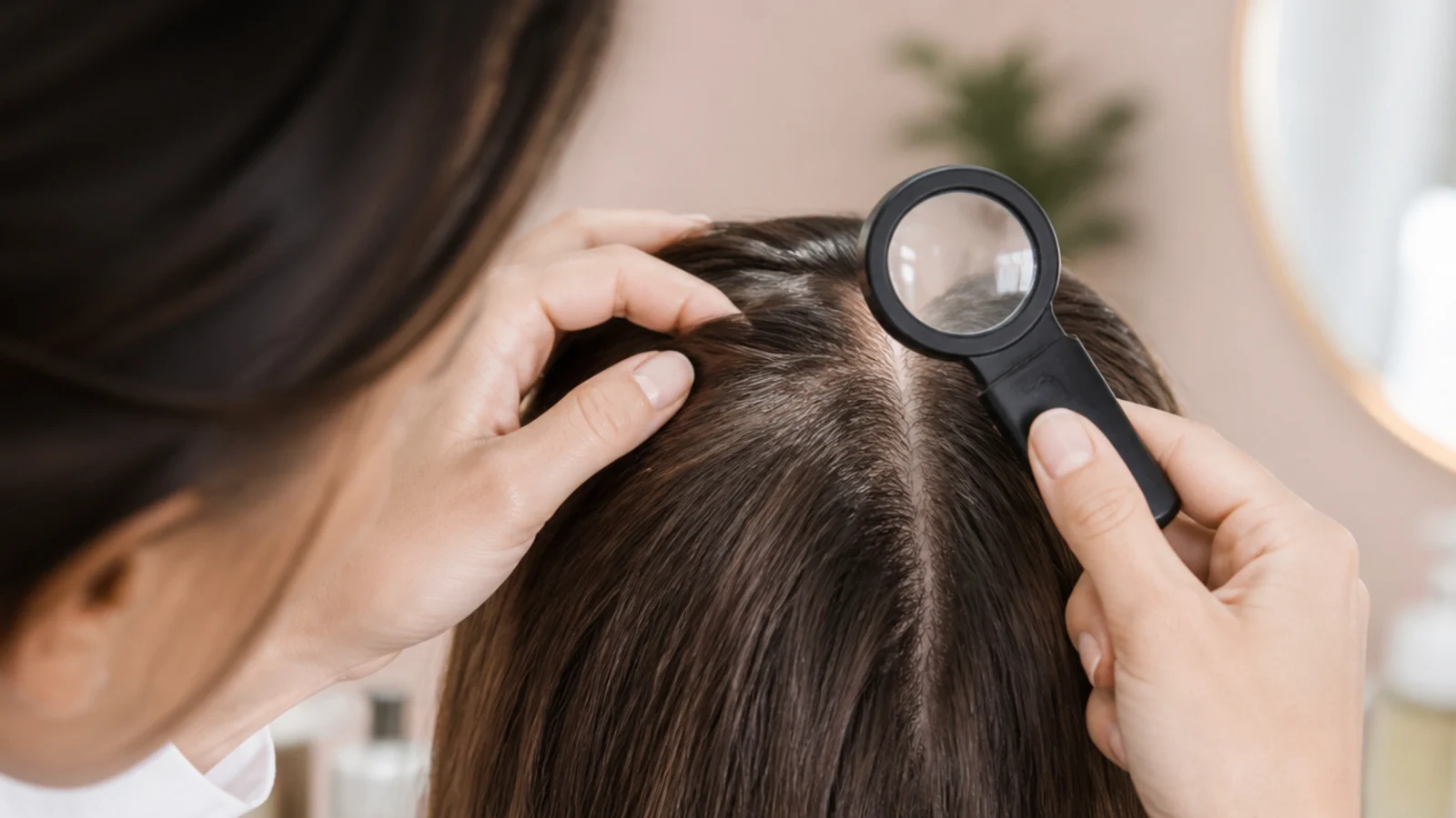 Dermatologist examining a patient's scalp and part line with a handheld magnifier