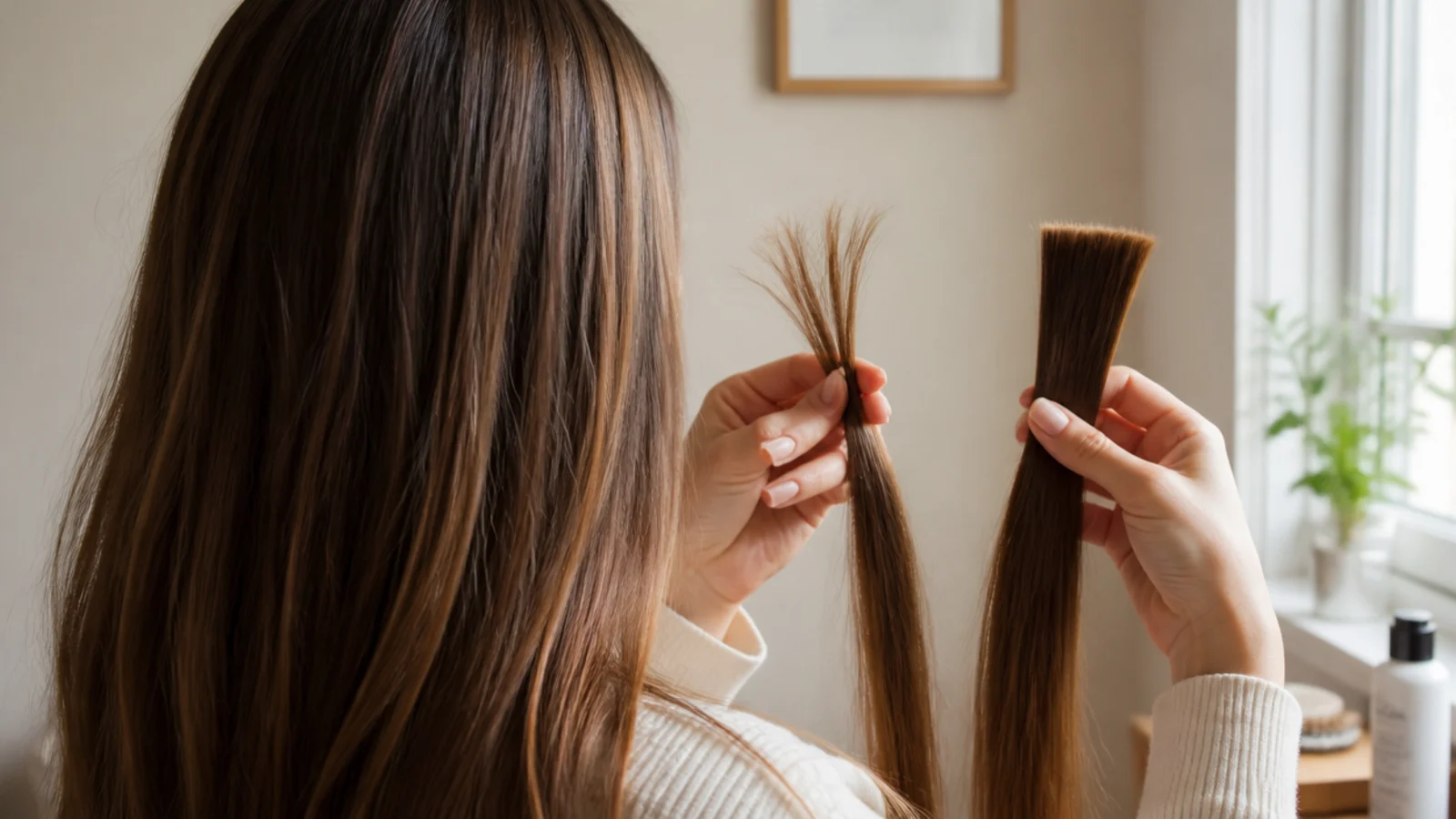 Split ends and short broken pieces held up against healthy blunt ends for comparison