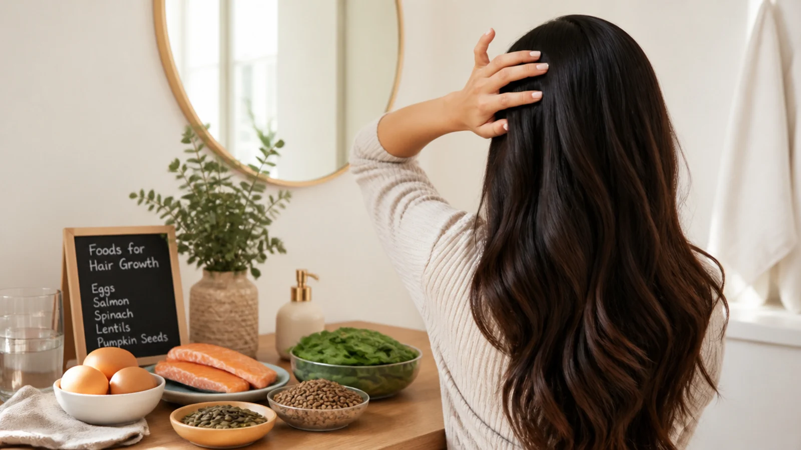 Eggs, salmon, spinach, lentils and pumpkin seeds laid out as foods that support hair growth