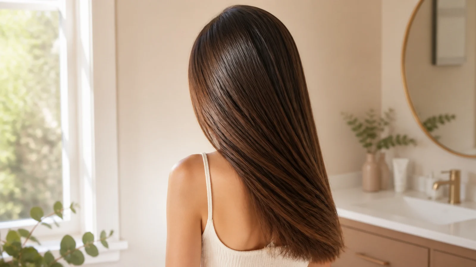 Long healthy brown hair with blunt even ends brushed over one shoulder in daylight