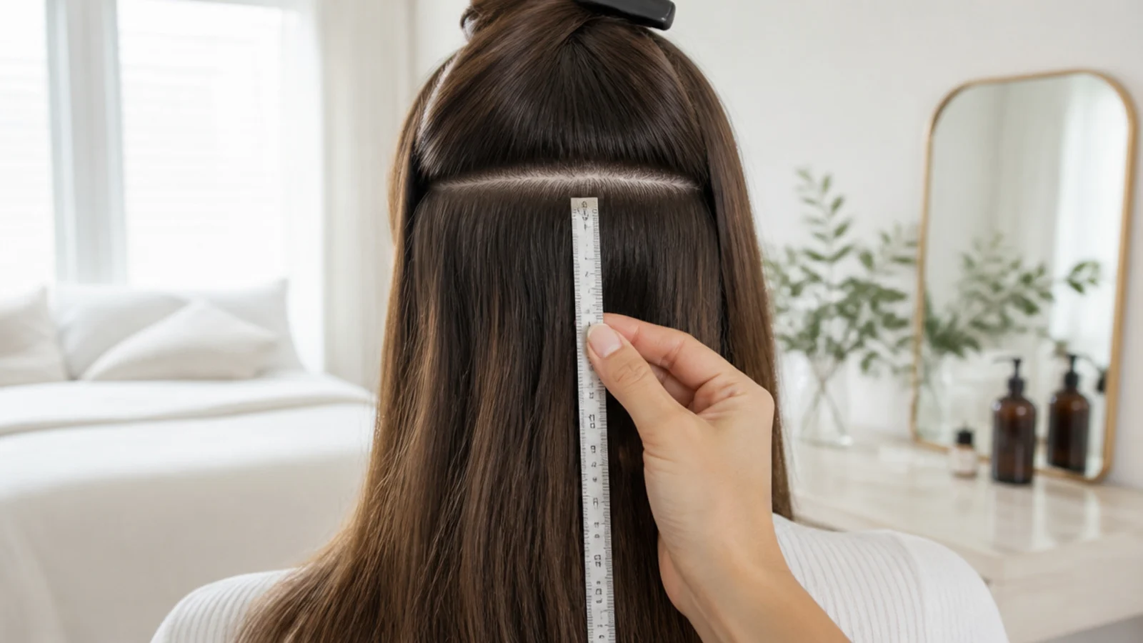 Tape measure held against a section of long hair to show half an inch of monthly growth