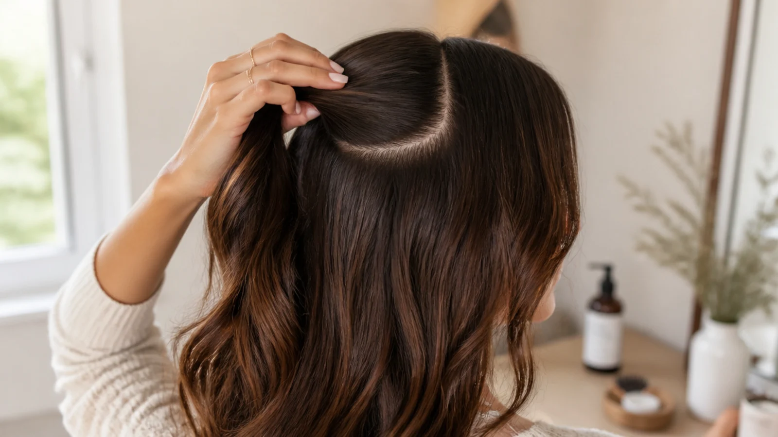 Healthy clear scalp visible at a clean part line with no flaking or buildup