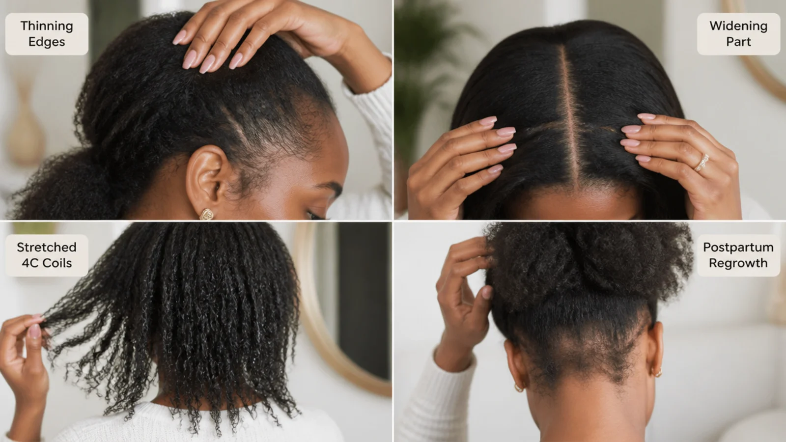 Four hair concerns illustrated: thinning edges, a widening part, stretched 4C coils and postpartum regrowth