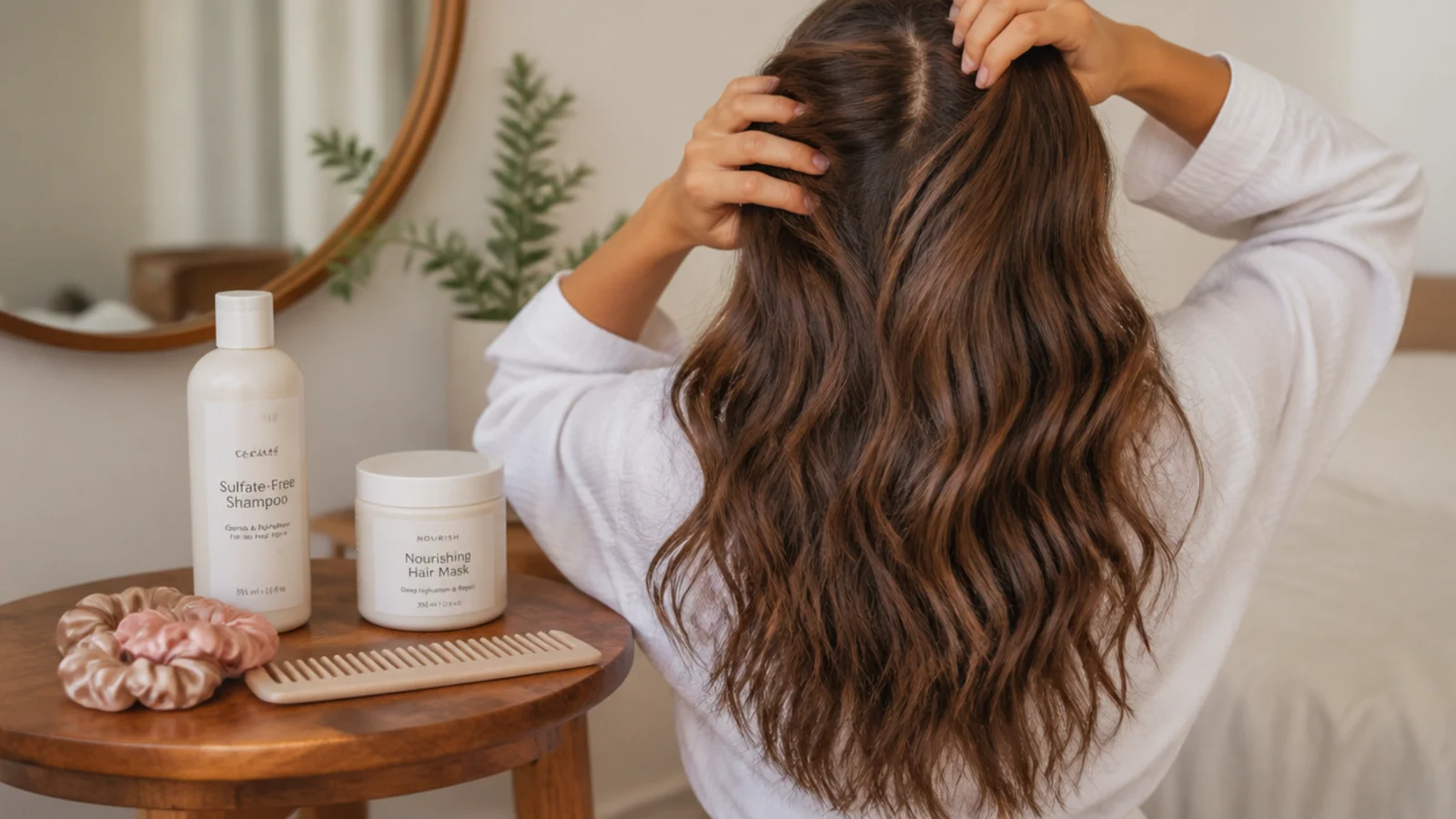 Weekly hair care setup with sulfate-free shampoo, mask, wide-tooth comb and satin scrunchies