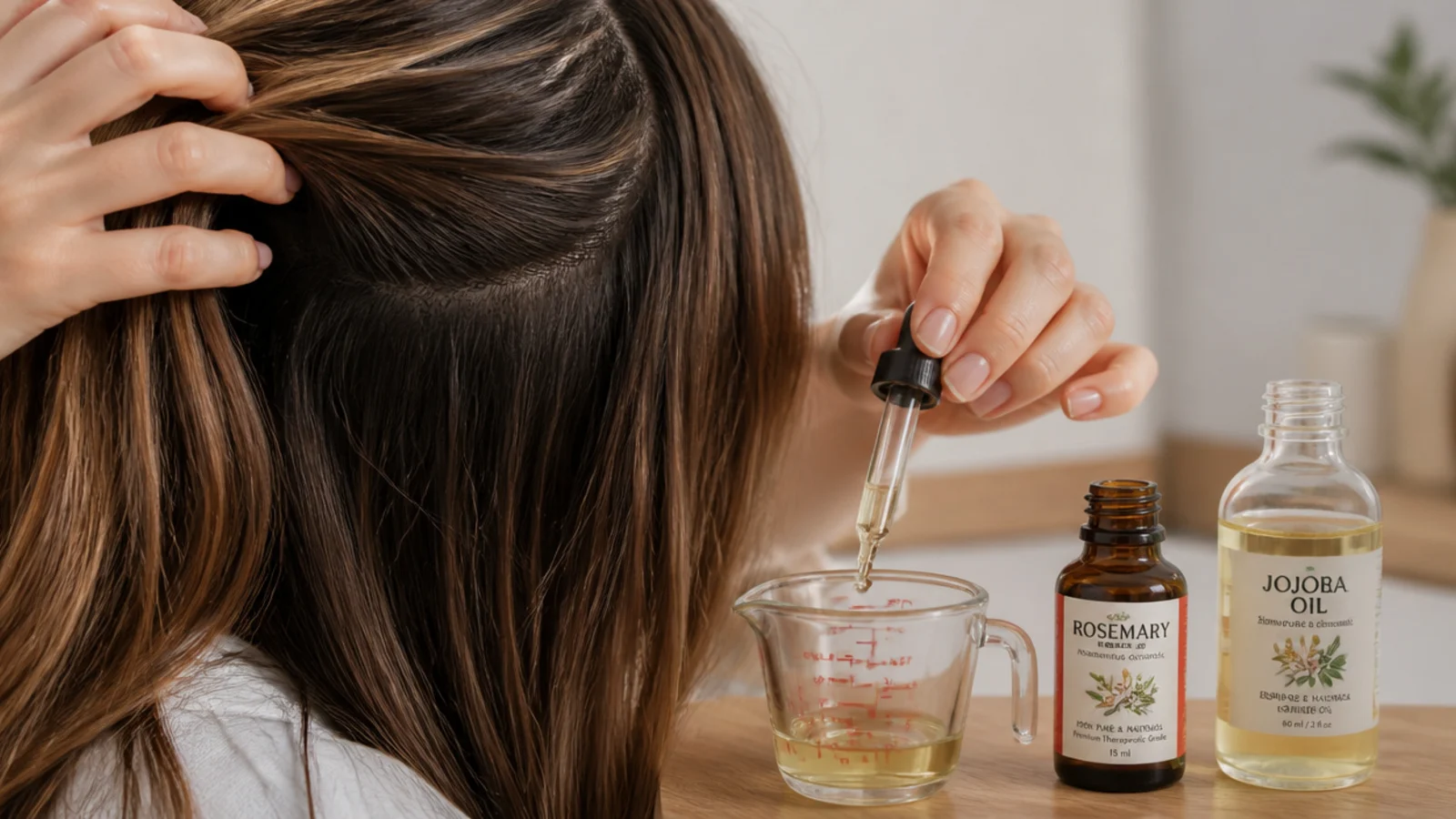 Rosemary essential oil bottle and jojoba carrier oil measured for a diluted scalp treatment