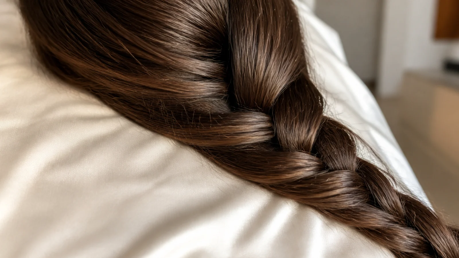 Long hair in a loose overnight braid resting on an ivory satin pillowcase