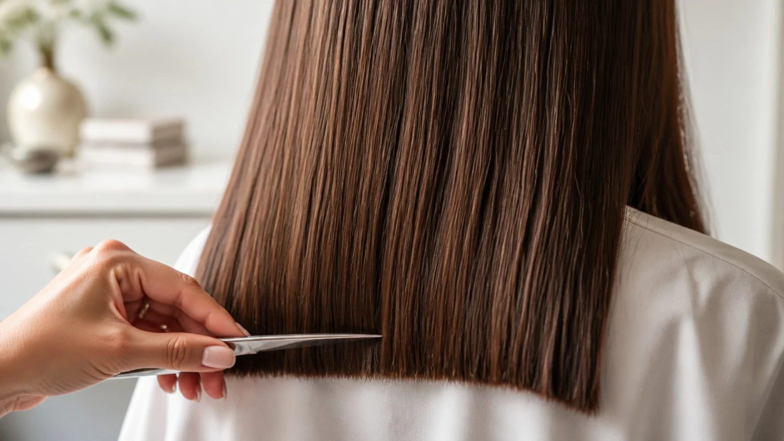 Stylist dusting a quarter inch off blunt long hair ends with shears