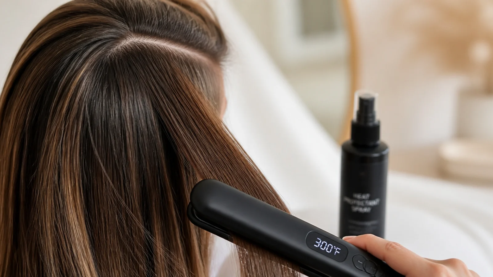 Flat iron set to 300 degrees beside a bottle of heat protectant spray